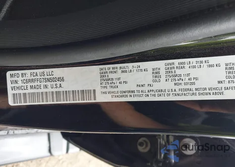 2025 Ram 1500 z USA, uszkodzony, nr VIN 1C6RRFFG7SN502456